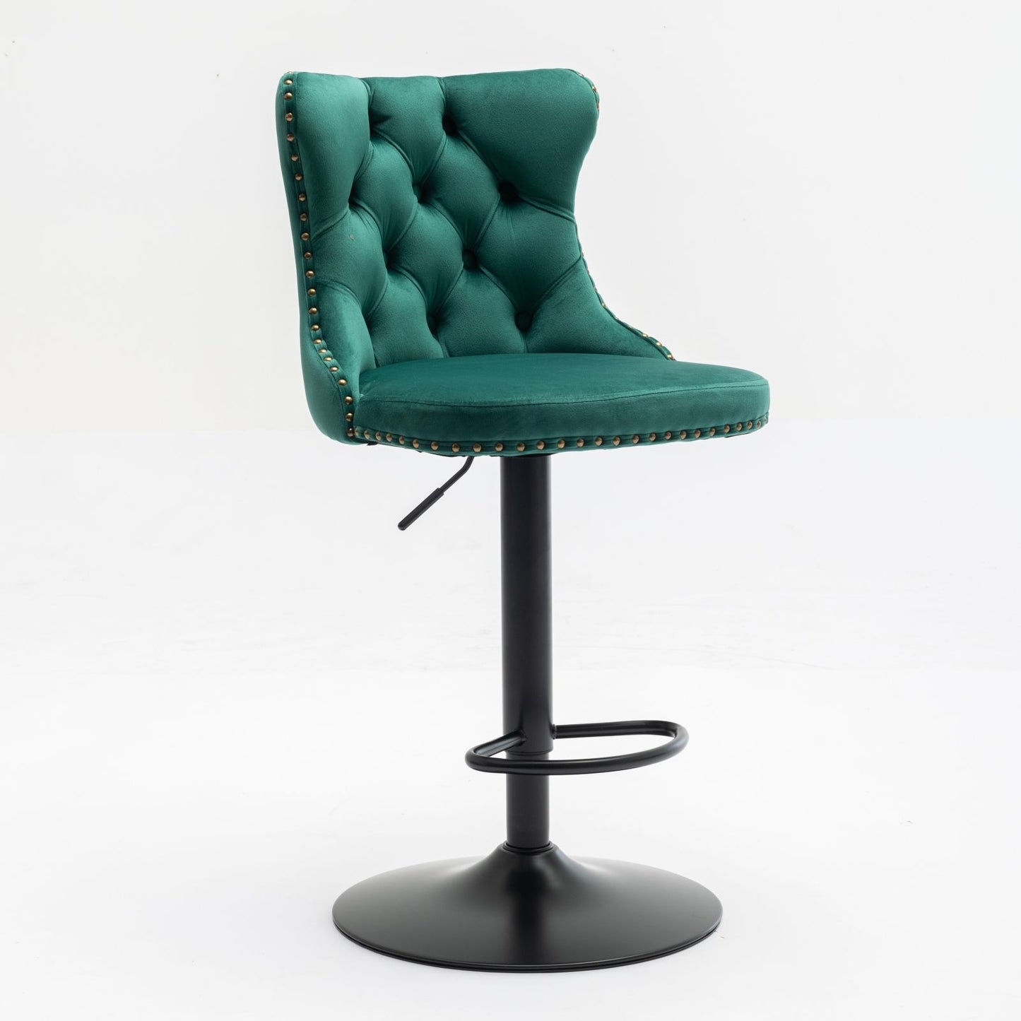 A set of 2 modern swivel velvet barstools with tufted backs, brass nailhead trim, and black metal pedestal bases with footrests, featuring adjustable seat height. Perfect for home pub or kitchen island. Set against a plain white background.