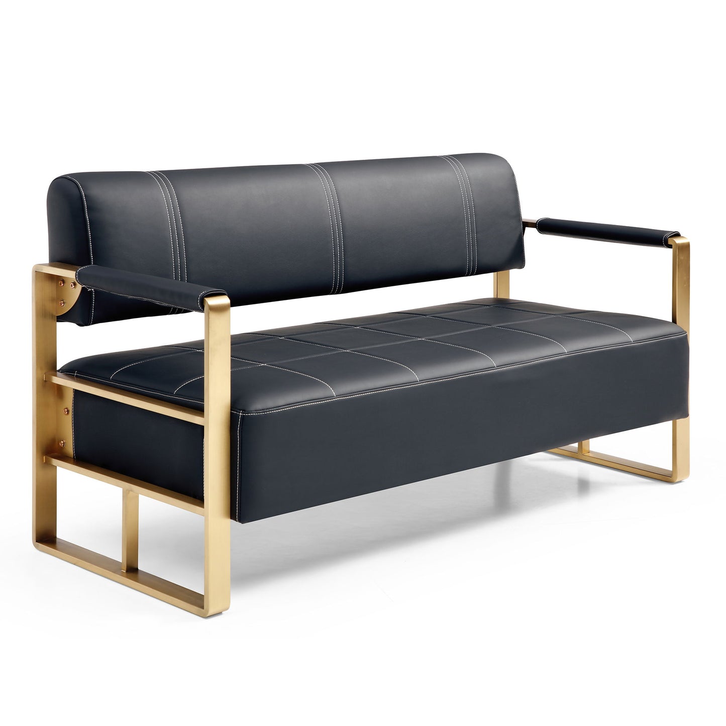 The Modern Upholstery Accent Loveseat Sofa is a 2-seater with black cushioned seat and backrest, featuring sleek golden metal arms—perfect for a stylish, minimalist living room.