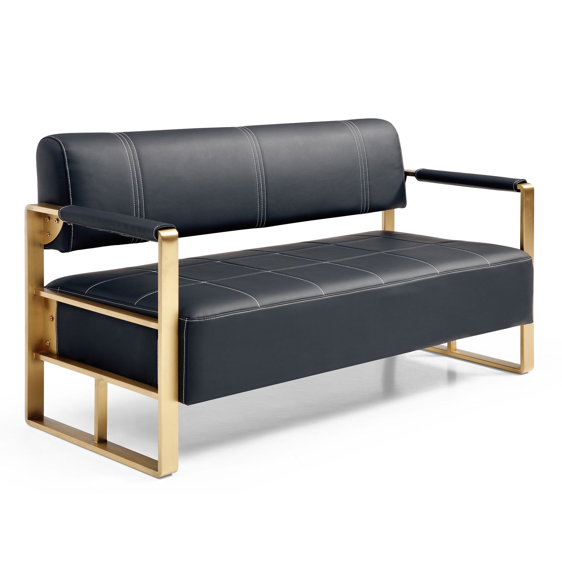 The Modern Upholstery Accent Loveseat Sofa is a 2-seater with black cushioned seat and backrest, featuring sleek golden metal arms—perfect for a stylish, minimalist living room.