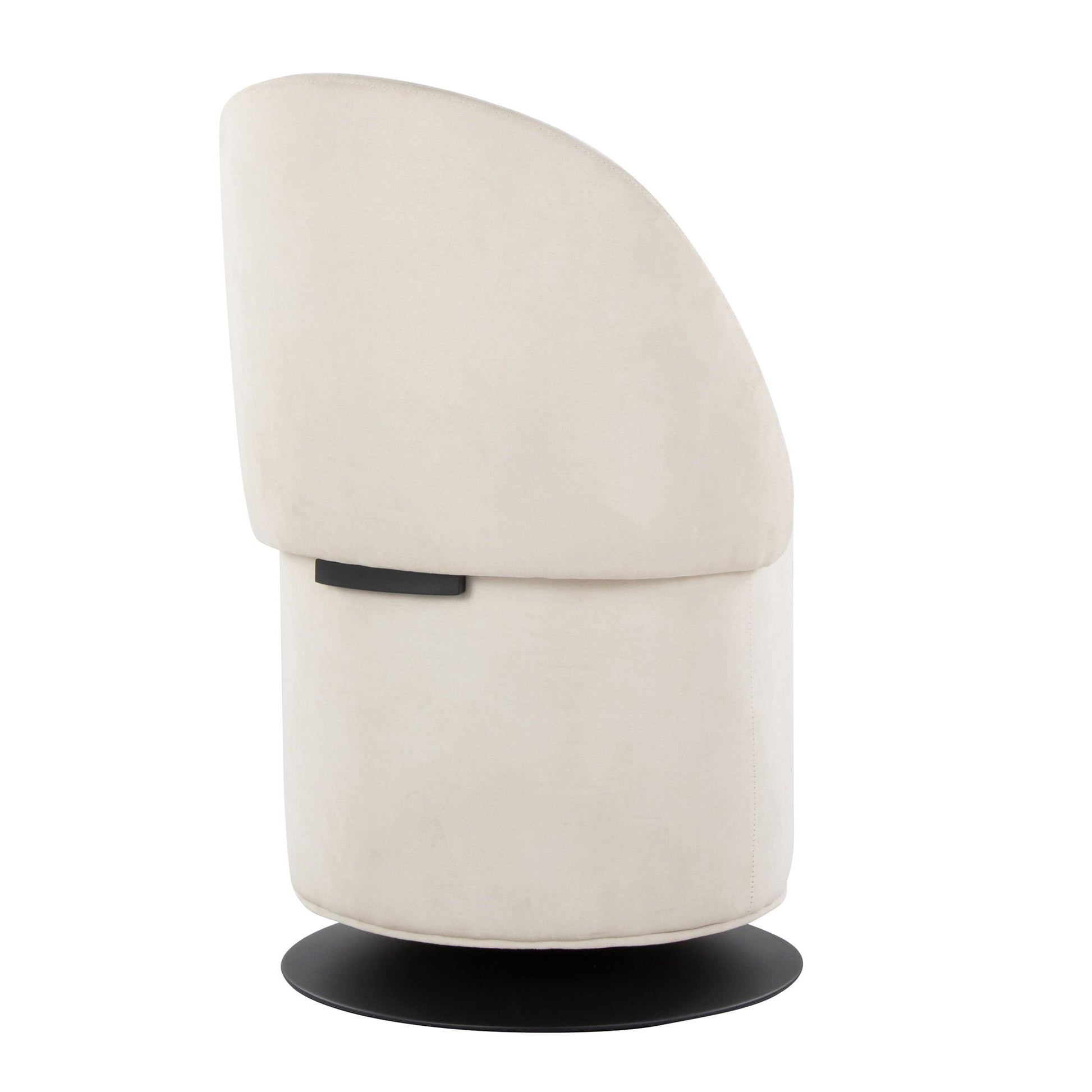 The Finch - Contemporary Chair is a modern, light beige swivel chair with a curved backrest and black circular base, displayed in side profile against a white background.