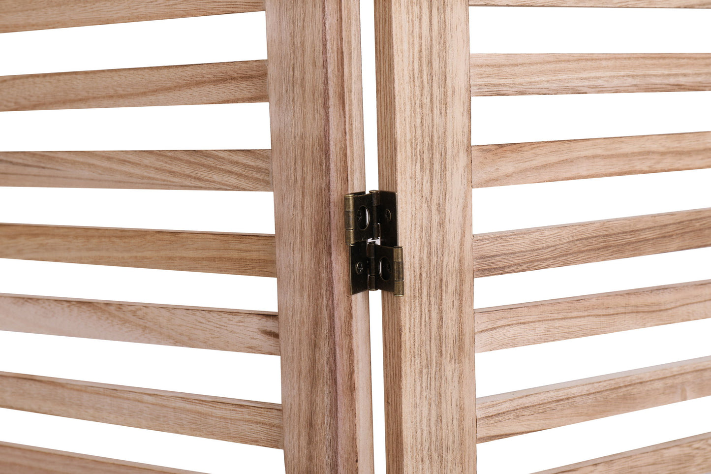 Close-up of the Expertly Designed Panel Folding Room Divider, showing horizontal slats, a metal hinge joining two panels, and light natural wood finish.