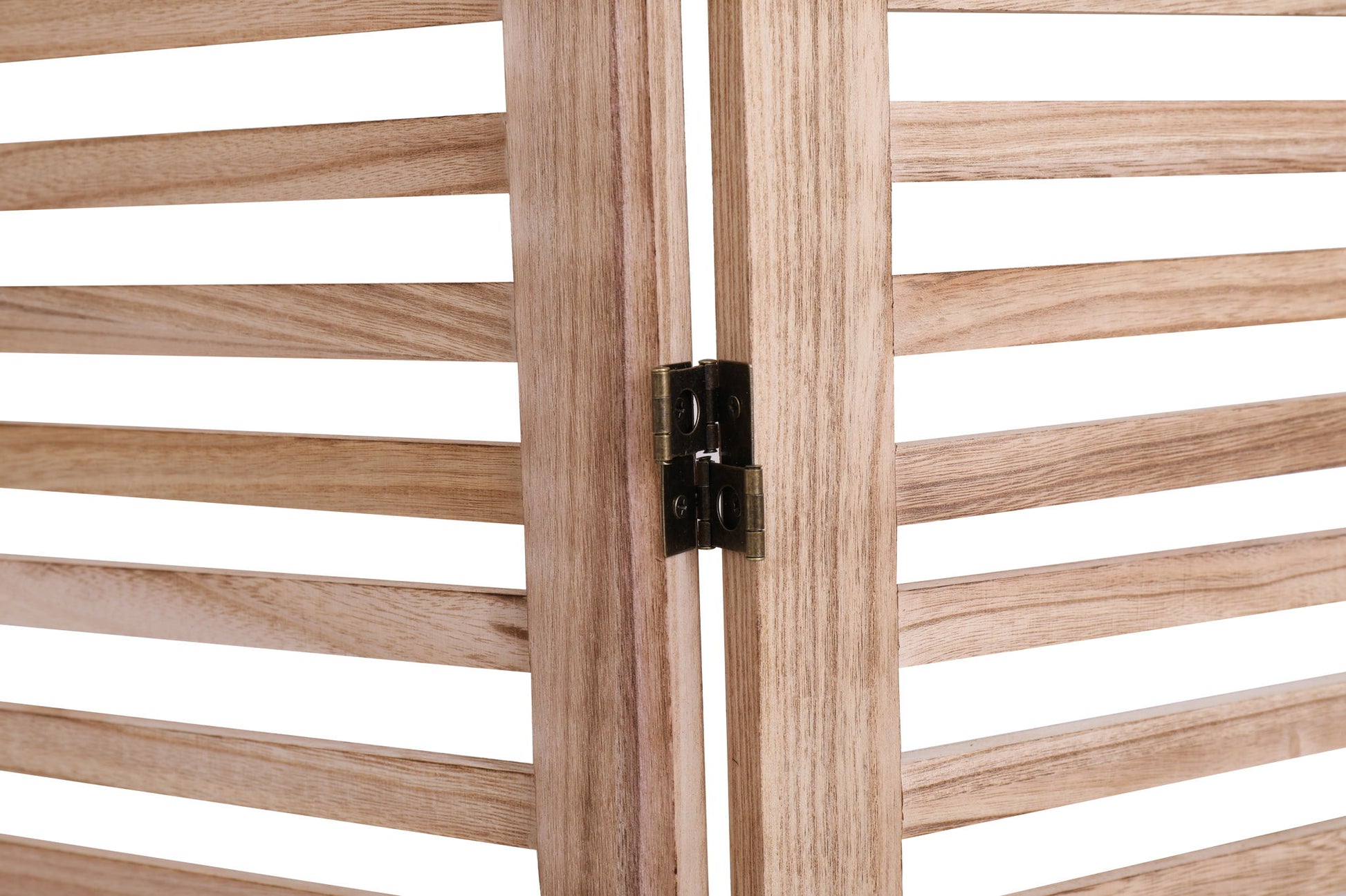 Close-up of the Expertly Designed Panel Folding Room Divider, showing horizontal slats, a metal hinge joining two panels, and light natural wood finish.