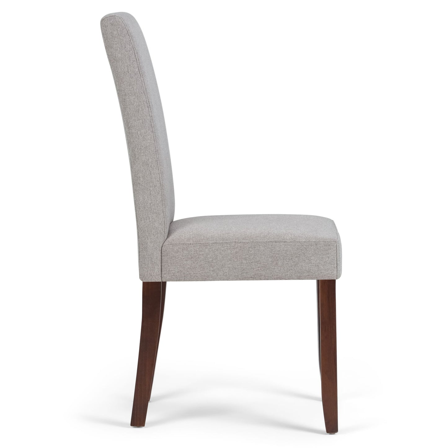 Side view of the Acadian - Upholstered Parson Dining Chair (Set of 2) featuring light gray fabric and dark wooden legs, displayed against a white background.