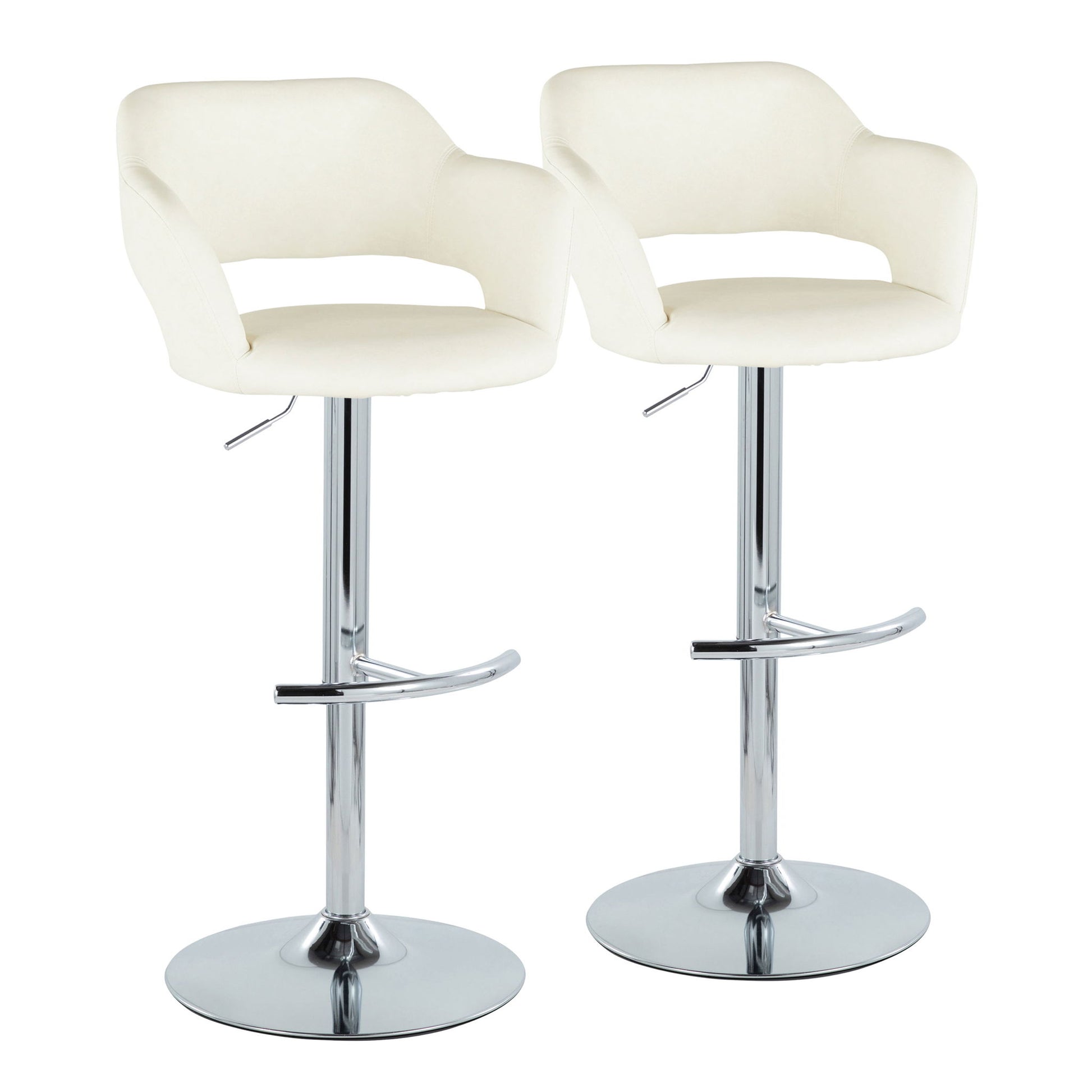 A set of two Margarite contemporary adjustable barstools with swivel, curved backs, armrests, chrome pedestal bases, and rounded T footrests are positioned side by side against a plain white background.