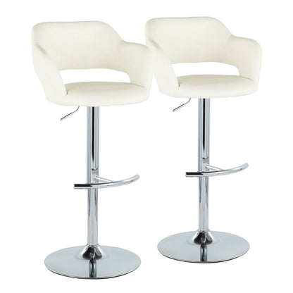 A set of two Margarite contemporary adjustable barstools with swivel, curved backs, armrests, chrome pedestal bases, and rounded T footrests are positioned side by side against a plain white background.