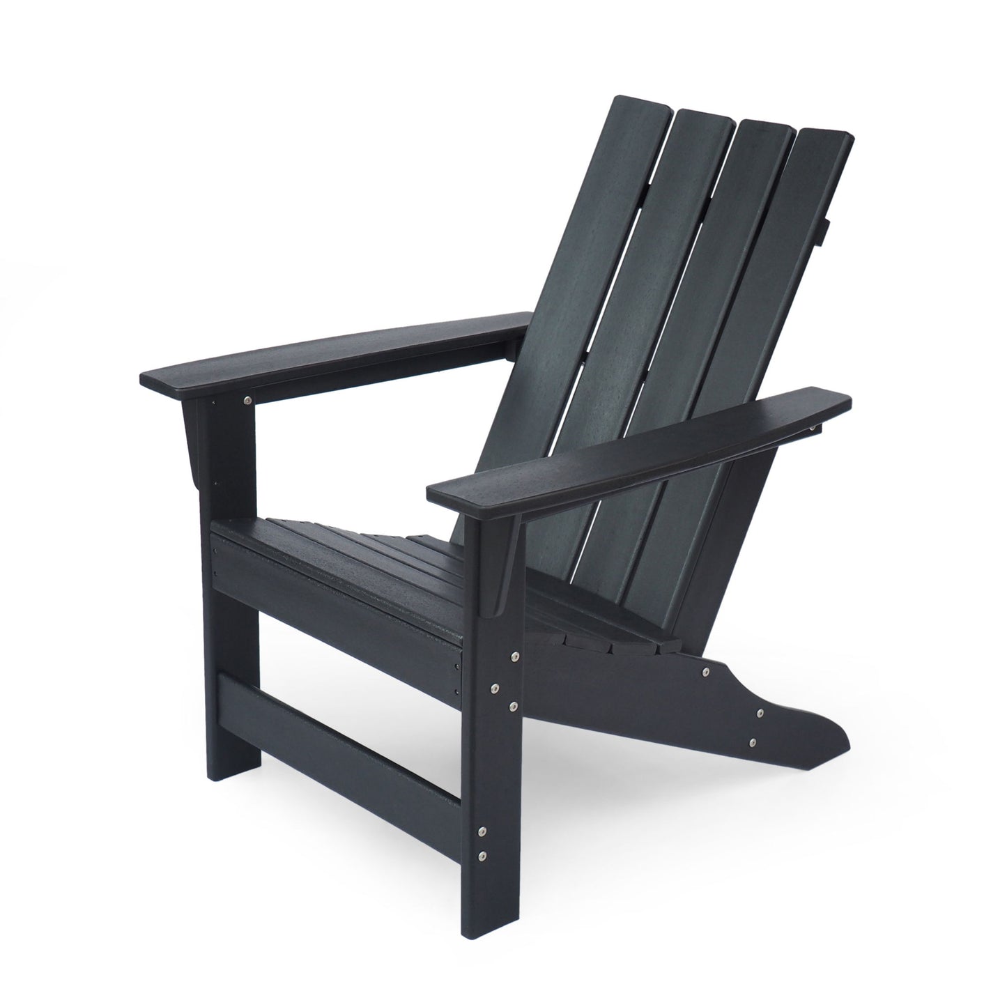 The Enigmara Outdoor High Density Resin Adirondack Chair in black features wide armrests, a slanted back, and four vertical slats, displayed on a white background.