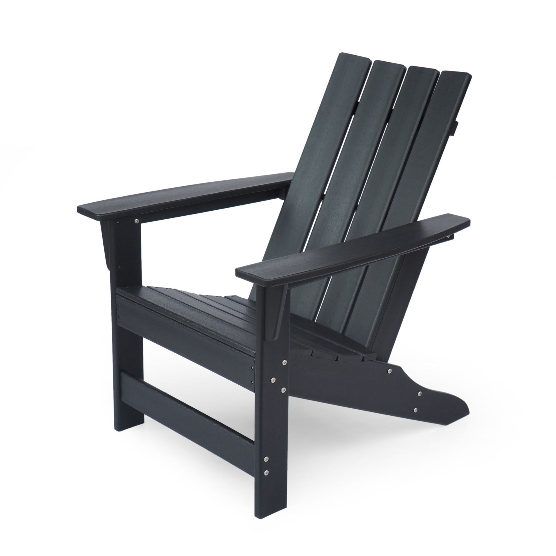 The Enigmara Outdoor High Density Resin Adirondack Chair in black features wide armrests, a slanted back, and four vertical slats, displayed on a white background.