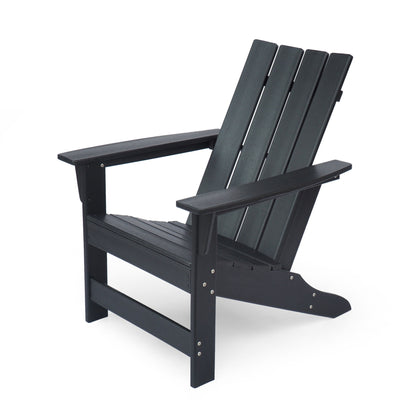 The Enigmara Outdoor High Density Resin Adirondack Chair in black features wide armrests, a slanted back, and four vertical slats, displayed on a white background.