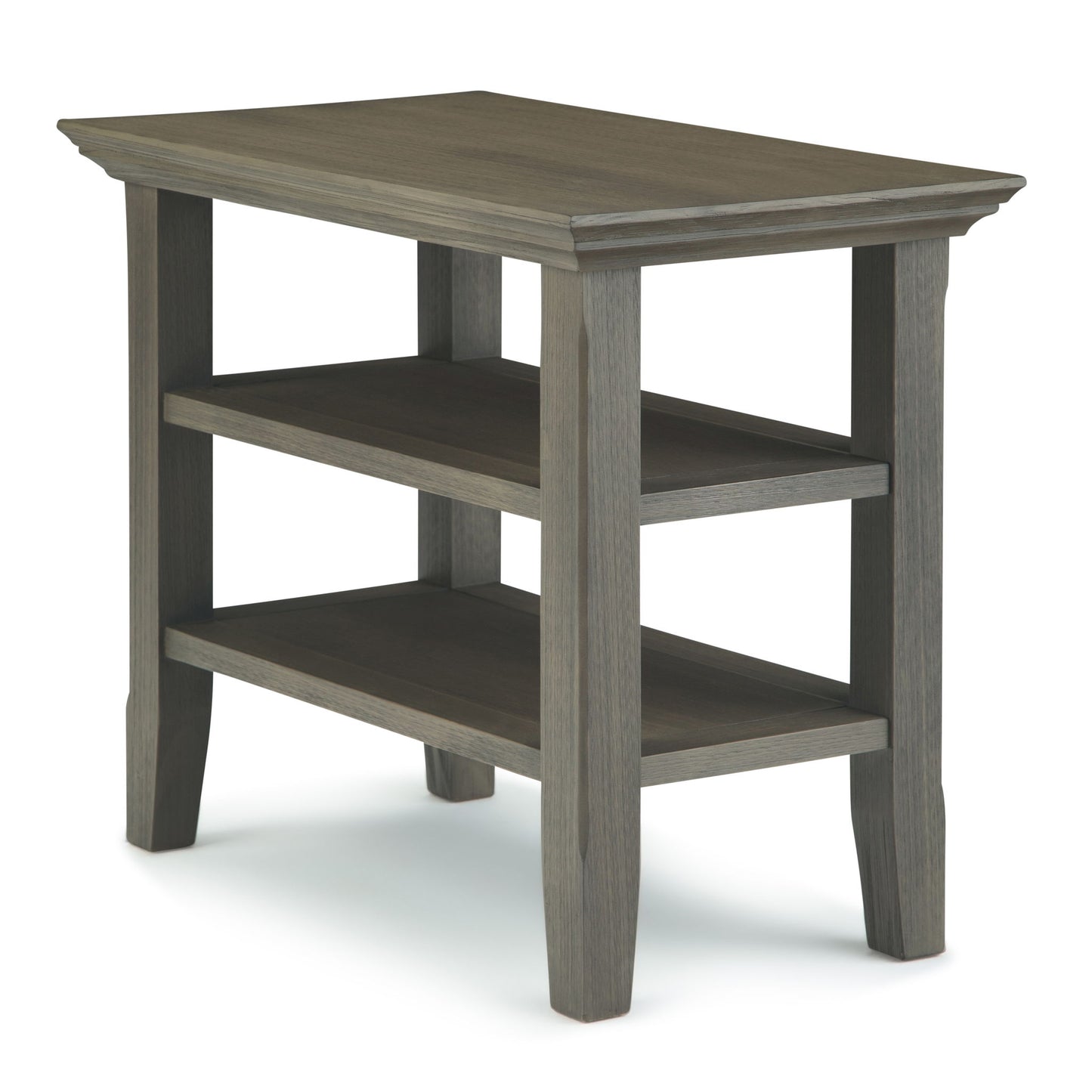 The Acadian - Narrow Side Table is handcrafted with a rectangular top, two lower shelves, four straight legs, and a grayish-brown finish for a simple, modern look.