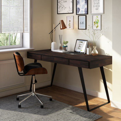 A modern home office showcases the Lowry - Handcrafted Desk with black legs, paired with a swivel chair, laptop, desk lamp, vase with branches, framed wall art, and sunlight shining onto a patterned rug.
