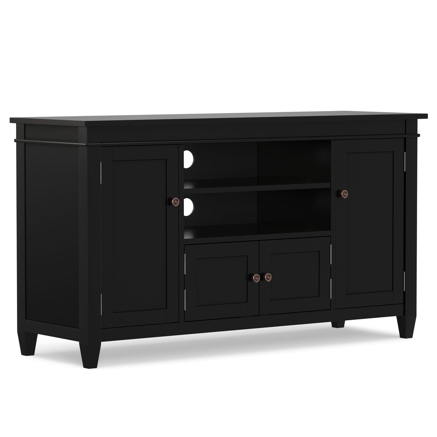 The Carlton TV Media Stand features a black wooden design with two cabinets at each end, two open center shelves above two small drawers, round knobs, and back panel cutouts for cable management.