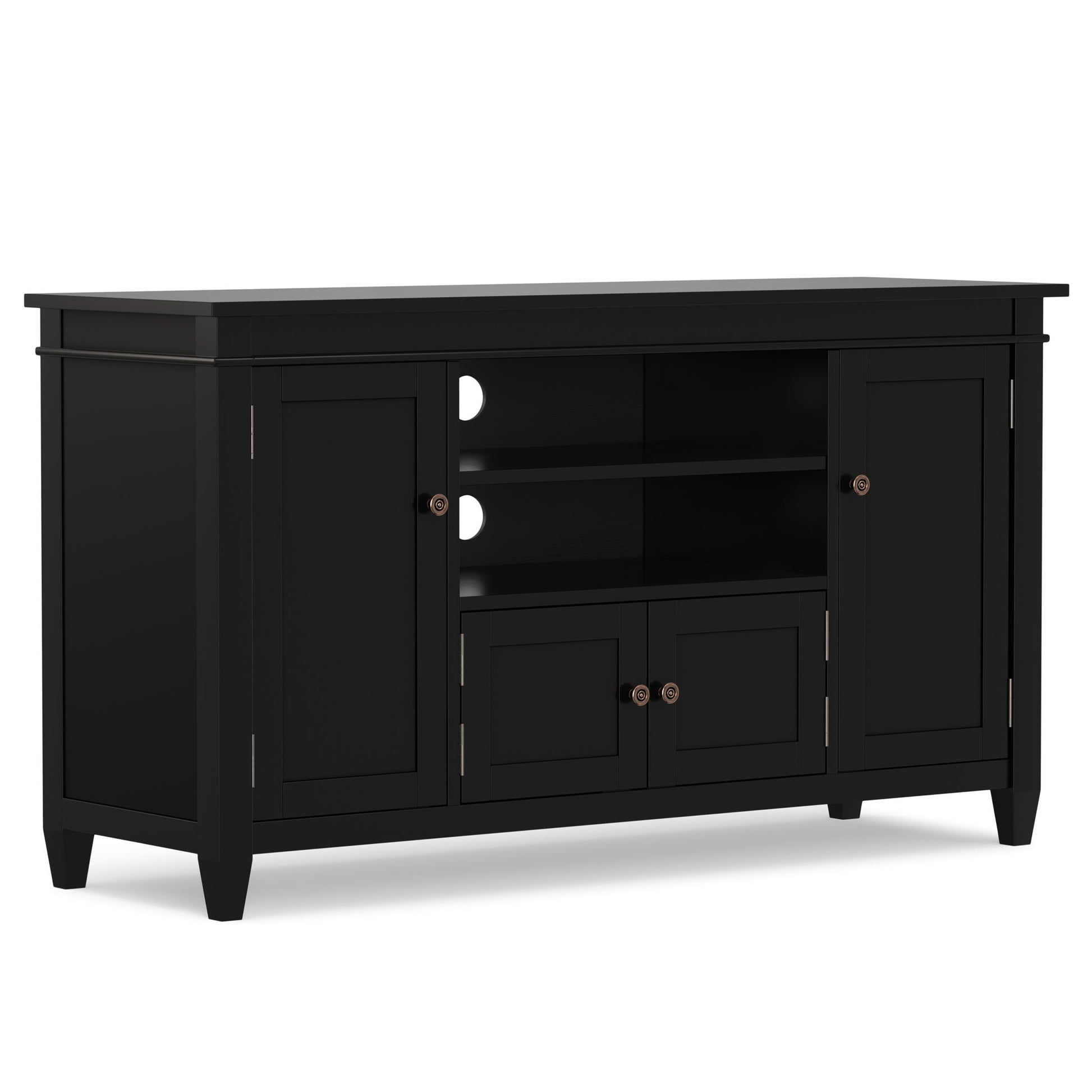 The Carlton TV Media Stand features a black wooden design with two cabinets at each end, two open center shelves above two small drawers, round knobs, and back panel cutouts for cable management.