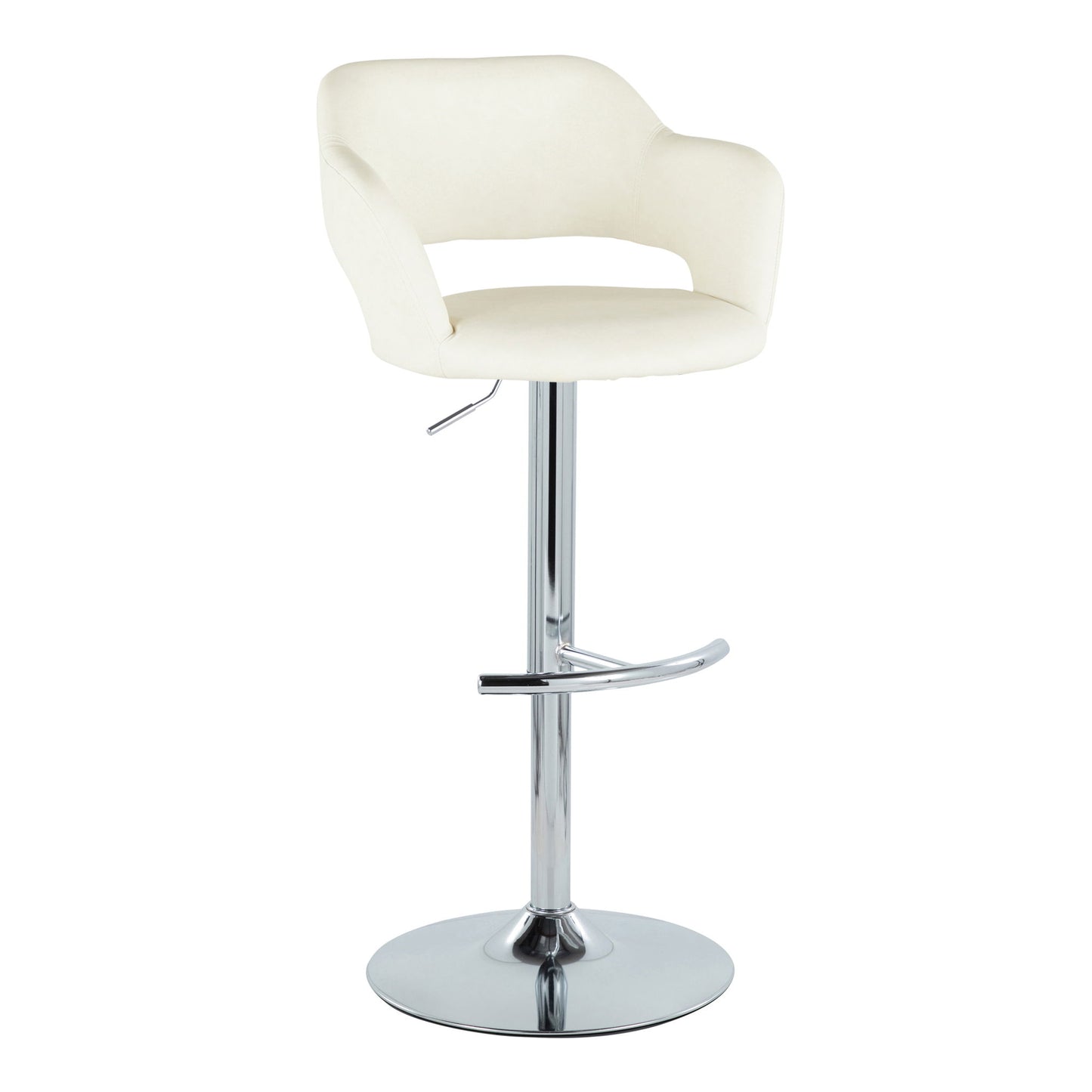 The Margarite Contemporary Adjustable Barstool features a cream cushioned seat, curved backrest, chrome swivel pedestal base, and rounded T footrest; set of 2.