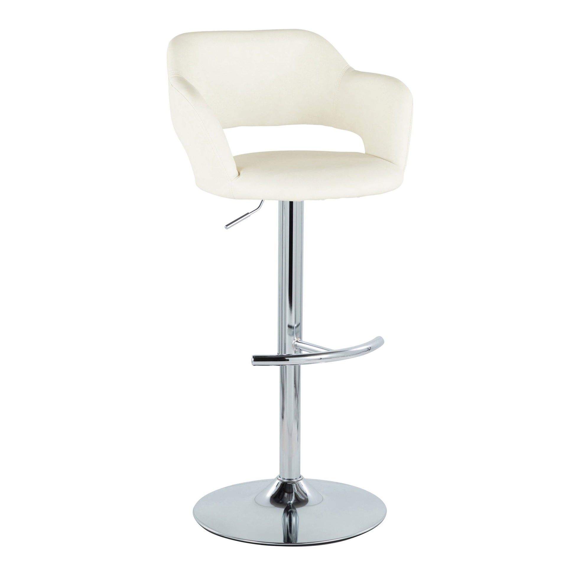 The Margarite Contemporary Adjustable Barstool features a cream cushioned seat, curved backrest, chrome swivel pedestal base, and rounded T footrest; set of 2.