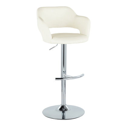 The Margarite Contemporary Adjustable Barstool features a cream cushioned seat, curved backrest, chrome swivel pedestal base, and rounded T footrest; set of 2.