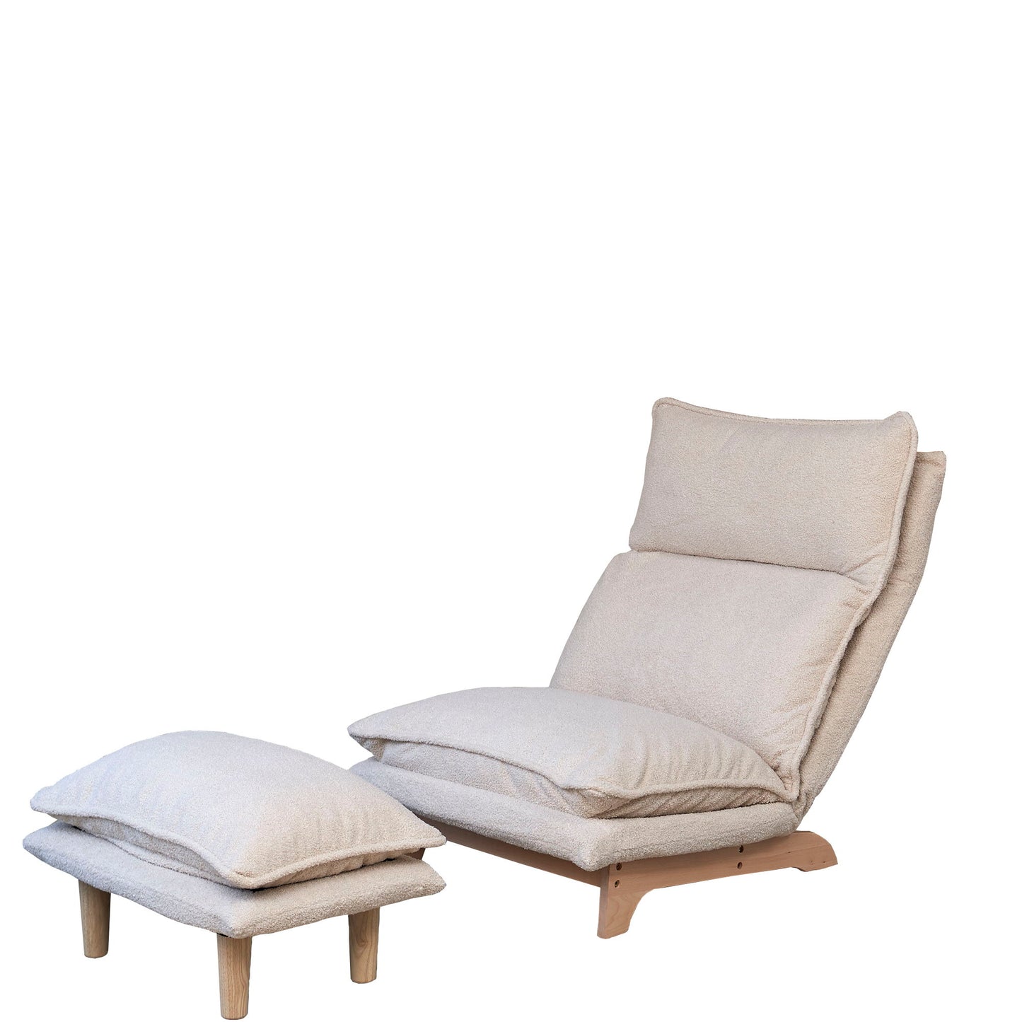 The Single Lazy Sofa Chair Leisure Foldable Reclining Chair features plush beige cushions and light wooden legs, paired with a matching cushioned ottoman, both displayed against a plain white background.