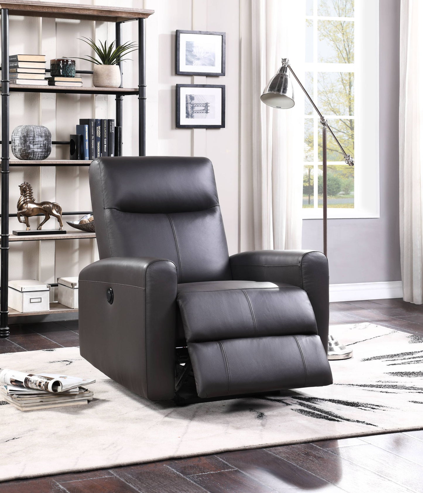 The Blane Top Grain Leather Match Power Motion Recliner in brown is set in a bright living room with a white rug, dark wood floors, bookshelves, framed wall art, a floor lamp, and large windows with white curtains.