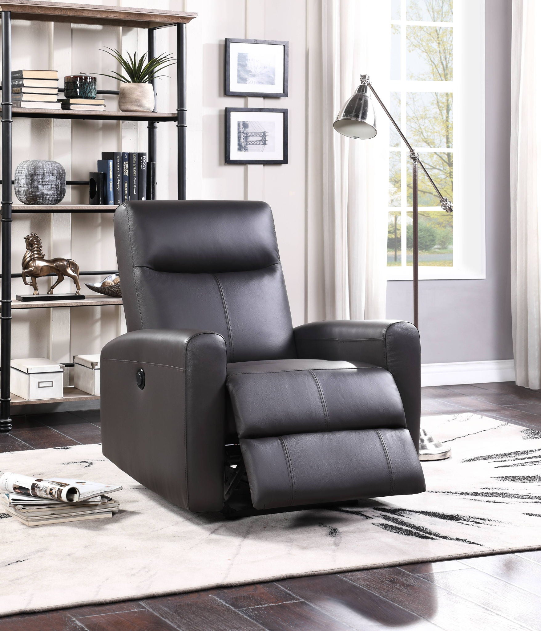 The Blane Top Grain Leather Match Power Motion Recliner in brown is set in a bright living room with a white rug, dark wood floors, bookshelves, framed wall art, a floor lamp, and large windows with white curtains.