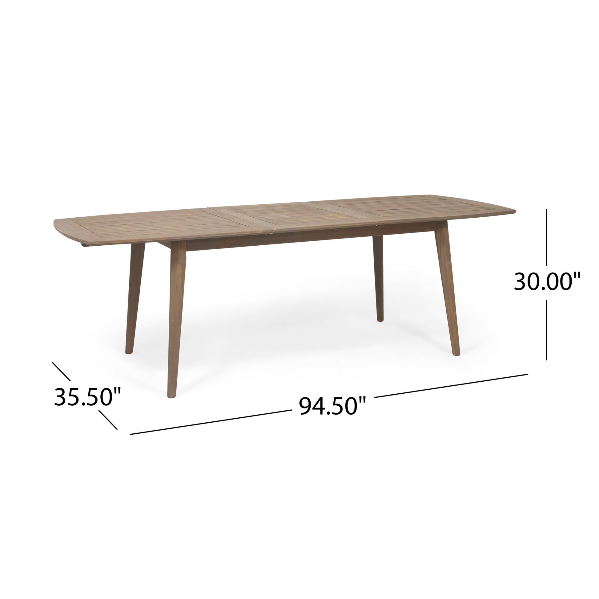 The Placidity Outdoor Expandable Dining Table features a slatted tabletop and tapered legs, measuring 94.5"L x 35.5"W x 30"H—perfect for stylish outdoor dining.