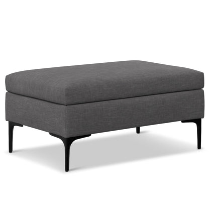 Rebecca - Multifunctional Coffee Table Storage Ottoman with Lift Up Lid features a modern rectangular gray upholstered design and slim black metal legs, displayed on a white background.