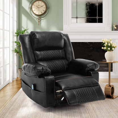 The Breathable Leather Massage Recliner Manual Chair, in black with quilted detailing, is placed in a bright living room by a window, facing a fireplace with fresh flowers, next to a round side table and under a decorative wall clock.