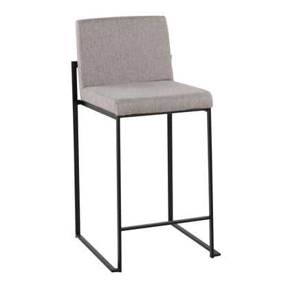 The Fuji - Contemporary Modern Elegance High Back Counter Stool features a light gray upholstered seat and backrest with a sleek black metal frame, showcasing minimalist design.