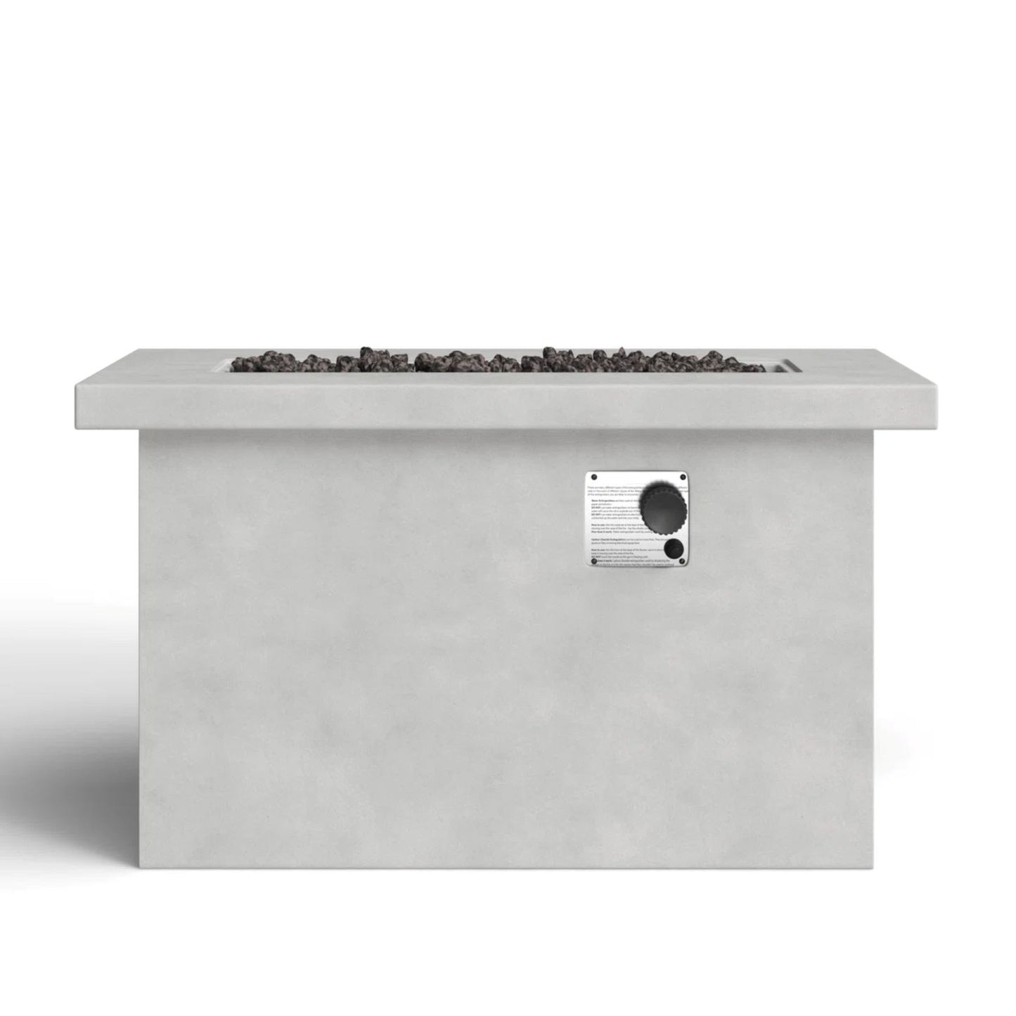The Propane / Gas Outdoor Fire Pit Table is a rectangular concrete outdoor fire pit with a control panel and black lava rocks on top, displayed against a plain white background.