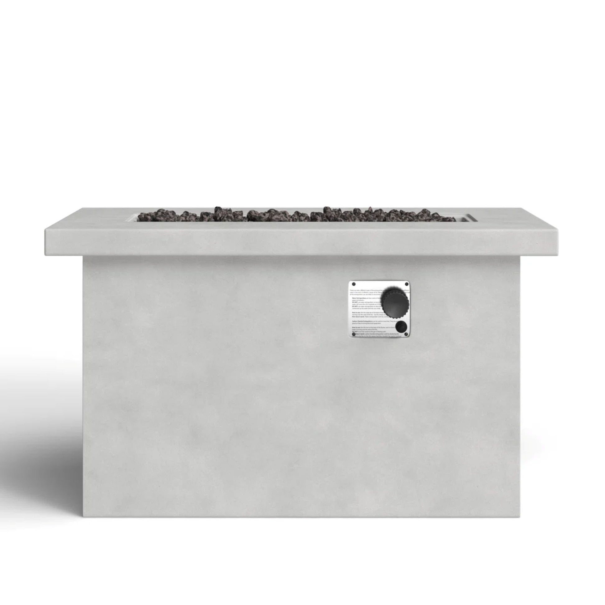 The Propane / Gas Outdoor Fire Pit Table is a rectangular concrete outdoor fire pit with a control panel and black lava rocks on top, displayed against a plain white background.