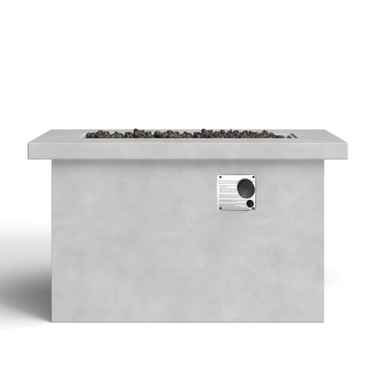 The Propane / Gas Outdoor Fire Pit Table is a rectangular concrete outdoor fire pit with a control panel and black lava rocks on top, displayed against a plain white background.