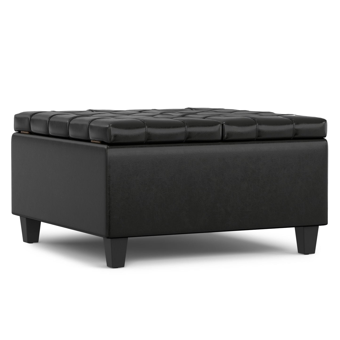 The Harrison Upholstered Coffee Table Storage Ottoman is a black, square ottoman with a tufted faux leather top and sturdy legs.