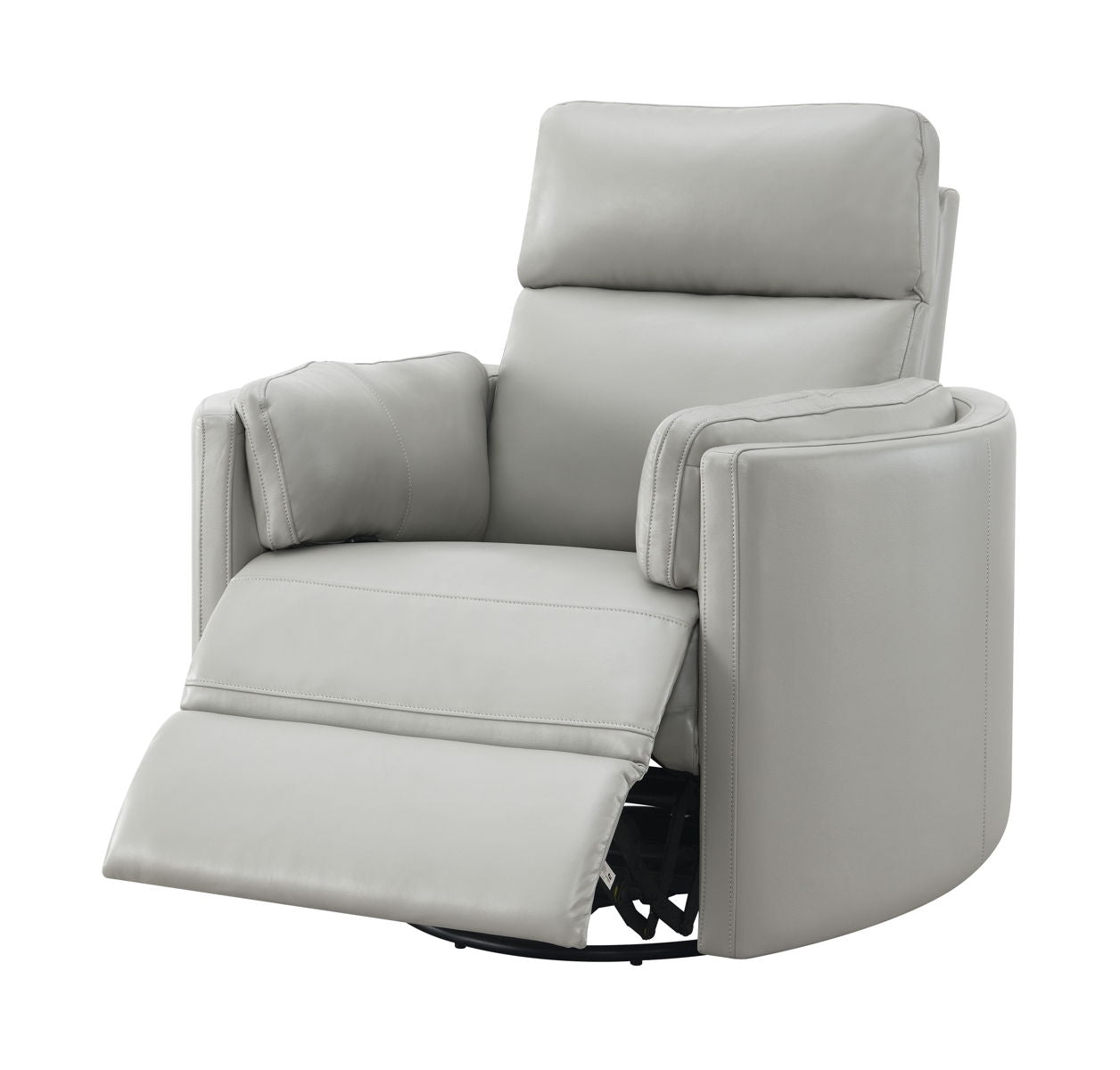 The Sagen Chenille Glider Recliner with Swivel is a modern design recliner chair featuring cushioned armrests and an extended footrest. Its light gray upholstery provides a sleek appearance.