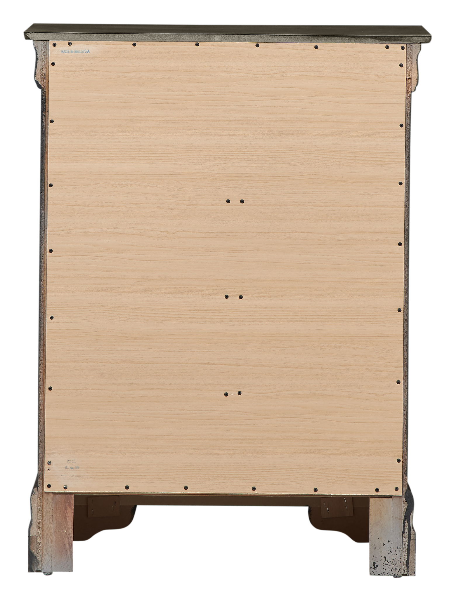 The image shows the back of the Traditional Style Storage Chest Elegant, featuring a plain light wood panel secured with multiple screws and visible legs at the bottom.