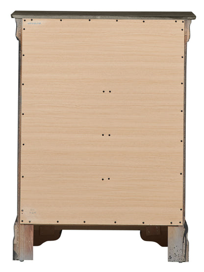 The image shows the back of the Traditional Style Storage Chest Elegant, featuring a plain light wood panel secured with multiple screws and visible legs at the bottom.