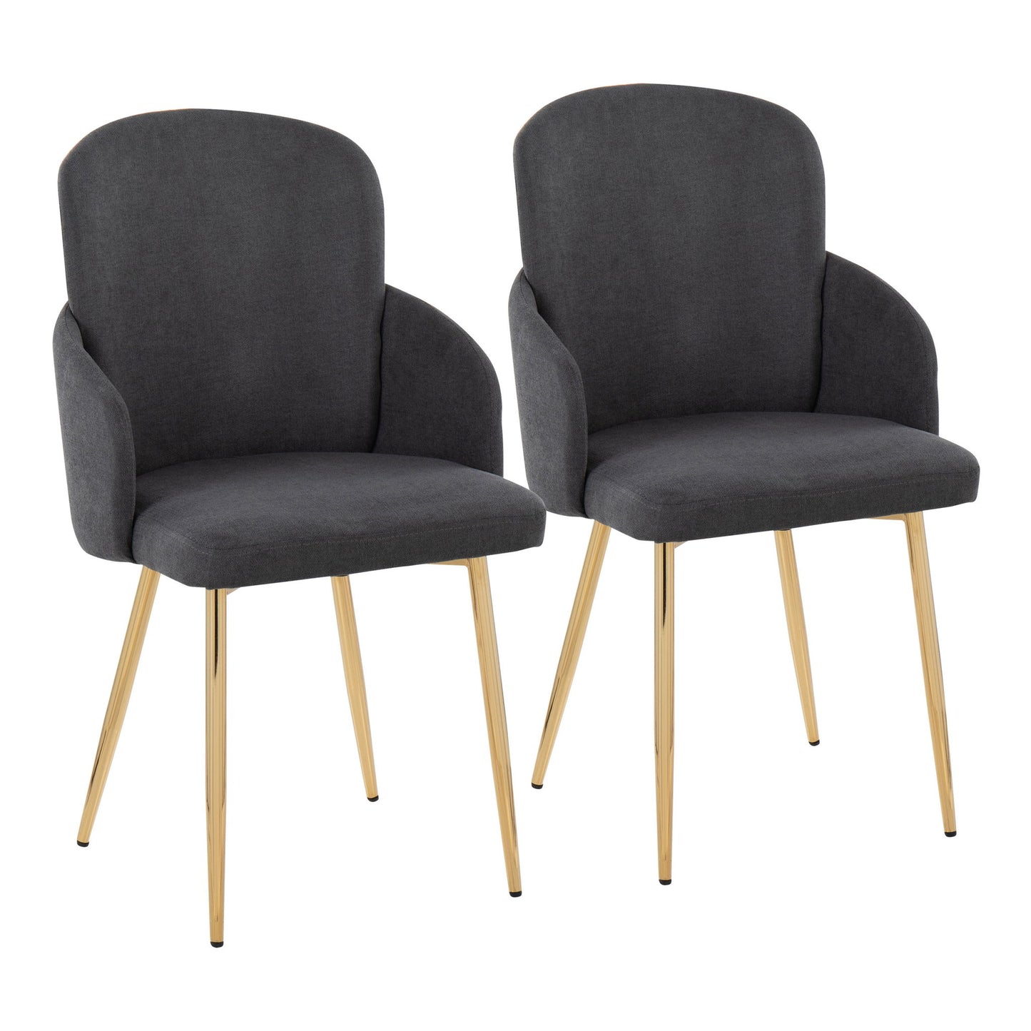 The Dahlia - Contemporary Dining Chair (Set of 2) features dark gray upholstered seats and backs, gently curved armrests, and slim, angled gold metal legs, shown on a plain white background.