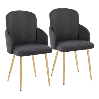 The Dahlia - Contemporary Dining Chair (Set of 2) features dark gray upholstered seats and backs, gently curved armrests, and slim, angled gold metal legs, shown on a plain white background.
