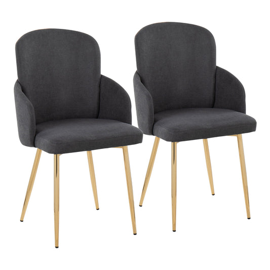 The Dahlia - Contemporary Dining Chair (Set of 2) features dark gray upholstered seats and backs, gently curved armrests, and slim, angled gold metal legs, shown on a plain white background.