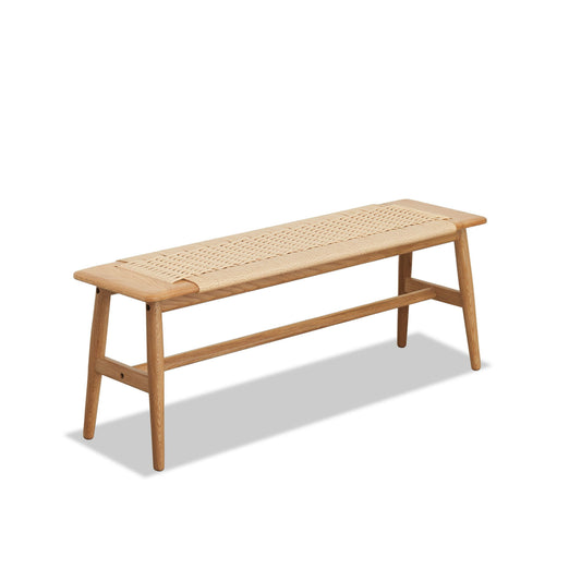 The Woven Design Dining Bench for dining room or bedroom features a natural oak frame and woven rattan seat with a simple, minimalist style, shown against a white background.