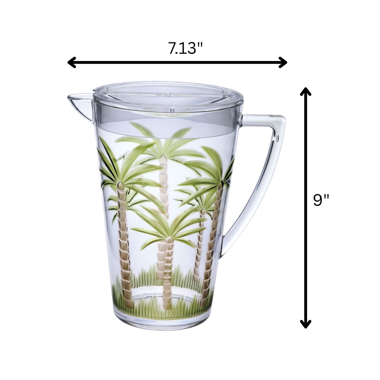 The Unbreakable Plastic Water Pitcher With Lid, Palm Tree Design - Clear features a handle and lid with palm tree and grass decorations. It measures 7.13 inches wide by 9 inches tall.