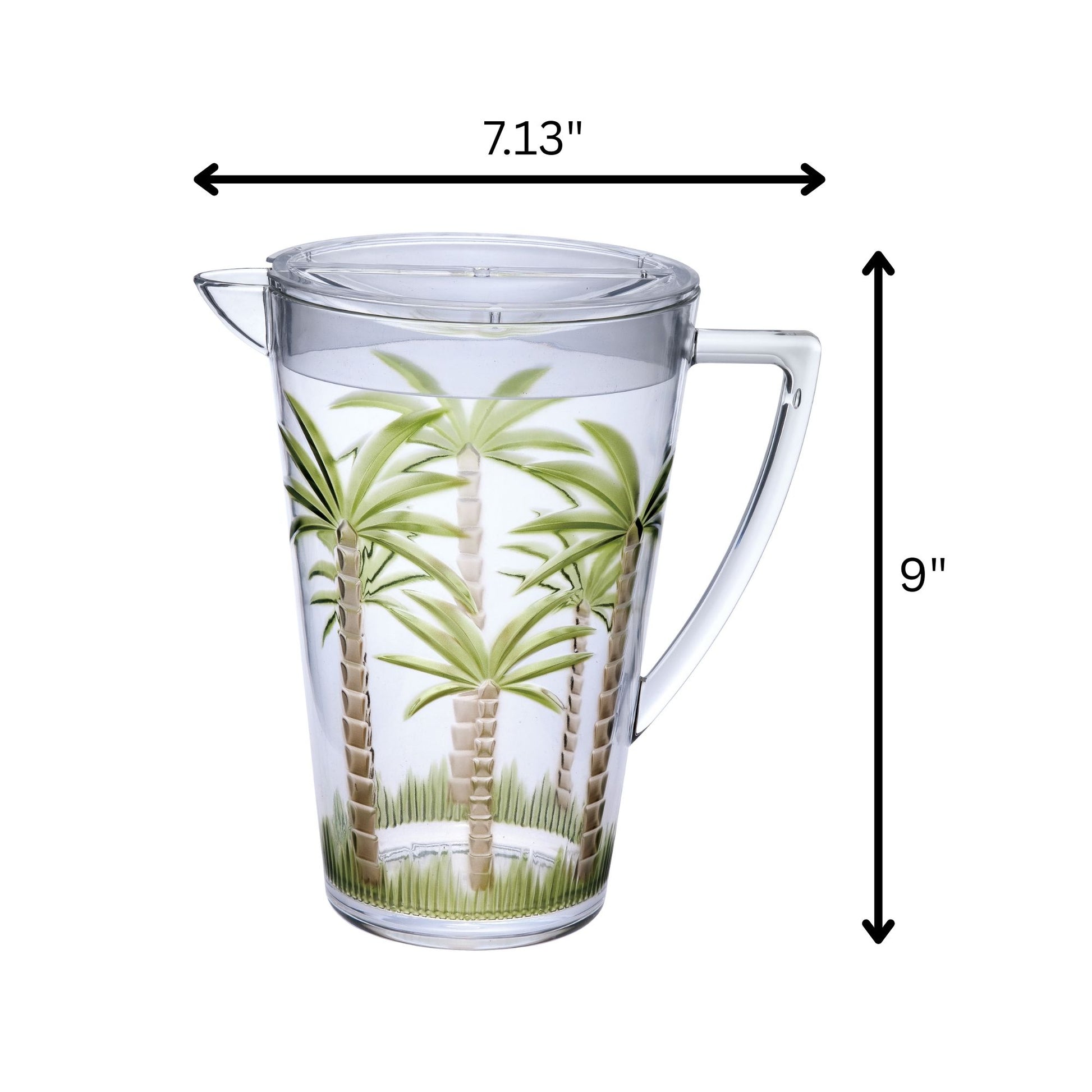 The Unbreakable Plastic Water Pitcher With Lid, Palm Tree Design - Clear features a handle and lid with palm tree and grass decorations. It measures 7.13 inches wide by 9 inches tall.