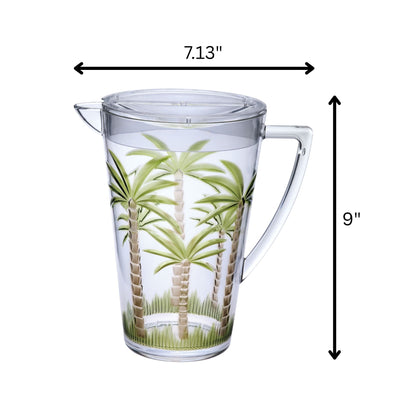 The Unbreakable Plastic Water Pitcher With Lid, Palm Tree Design - Clear features a handle and lid with palm tree and grass decorations. It measures 7.13 inches wide by 9 inches tall.