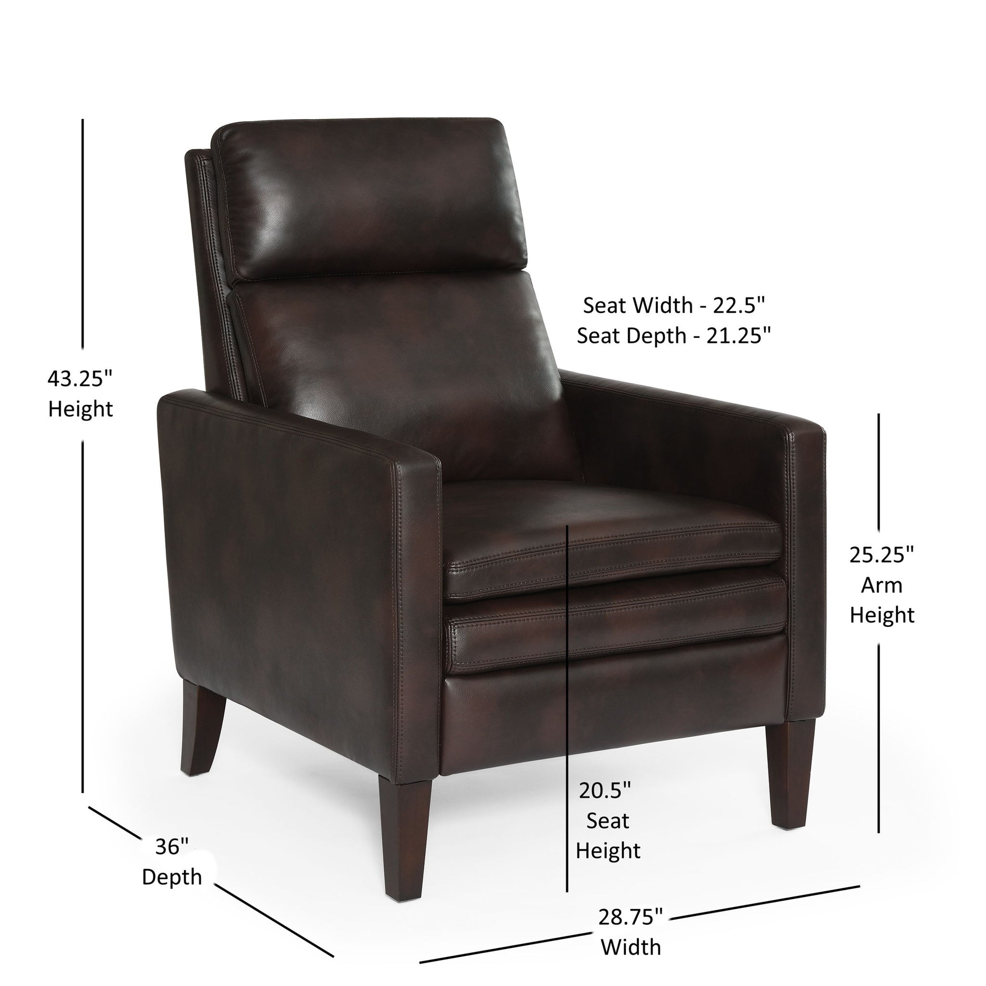 The Vaughn Push Back Recliner features dark brown leather, solid hardwood legs, and measures 43.25"H x 36"D x 28.75"W; seat: 20.5"H x 22.5"W x 21.25"D; arm height: 25.25".