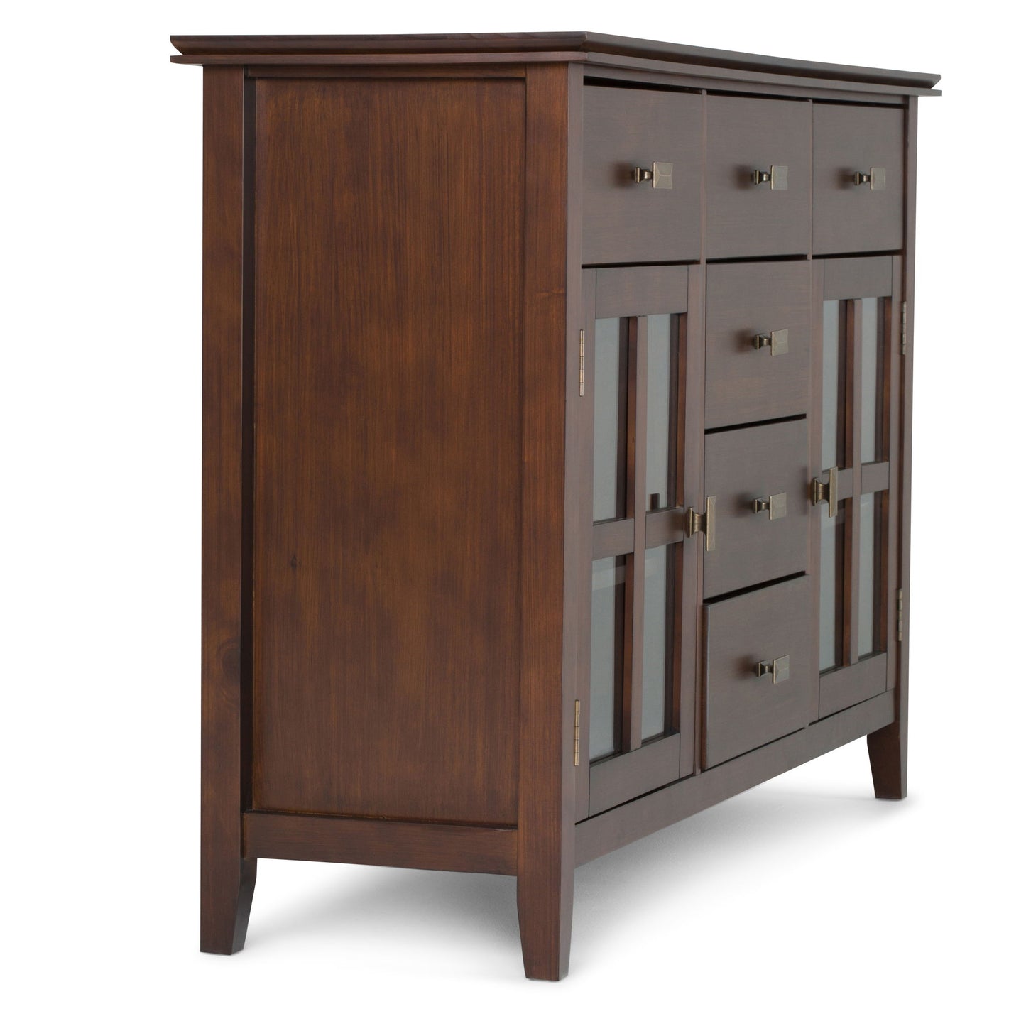 The Artisan Handcrafted Sideboard Buffet features a dark brown wooden finish, four central drawers with metal handles, two glass-paneled side doors, and stands on four sturdy legs.