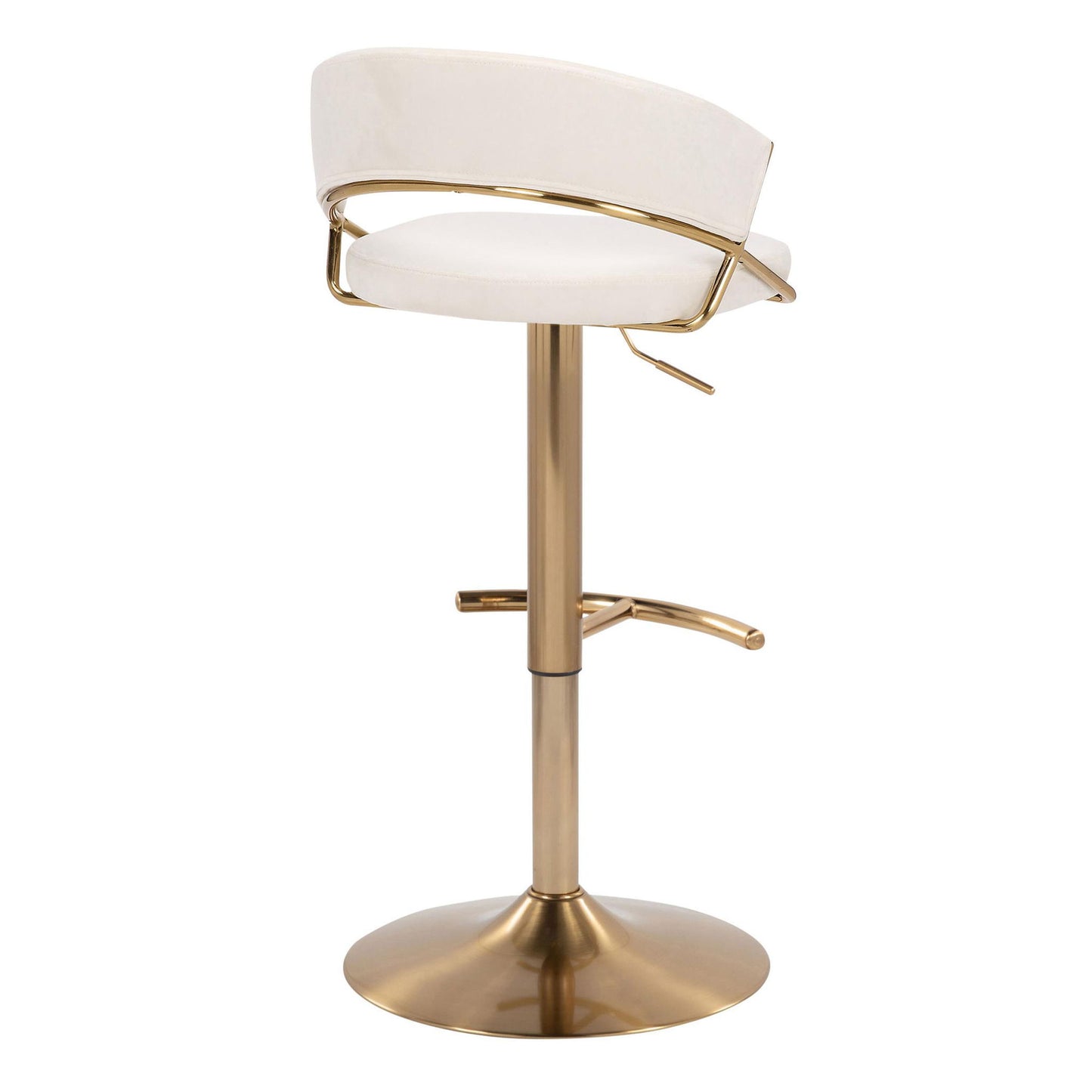 The Jie Contemporary Adjustable Barstool (Set of 2) features a white cushioned seat, curved backrest, and gold metal frame with a rounded T footrest and swivel base, shown against a plain white background.