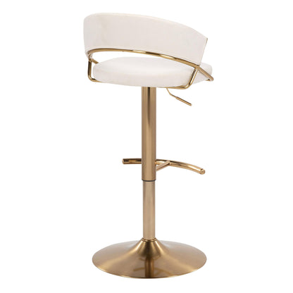 The Jie Contemporary Adjustable Barstool (Set of 2) features a white cushioned seat, curved backrest, and gold metal frame with a rounded T footrest and swivel base, shown against a plain white background.