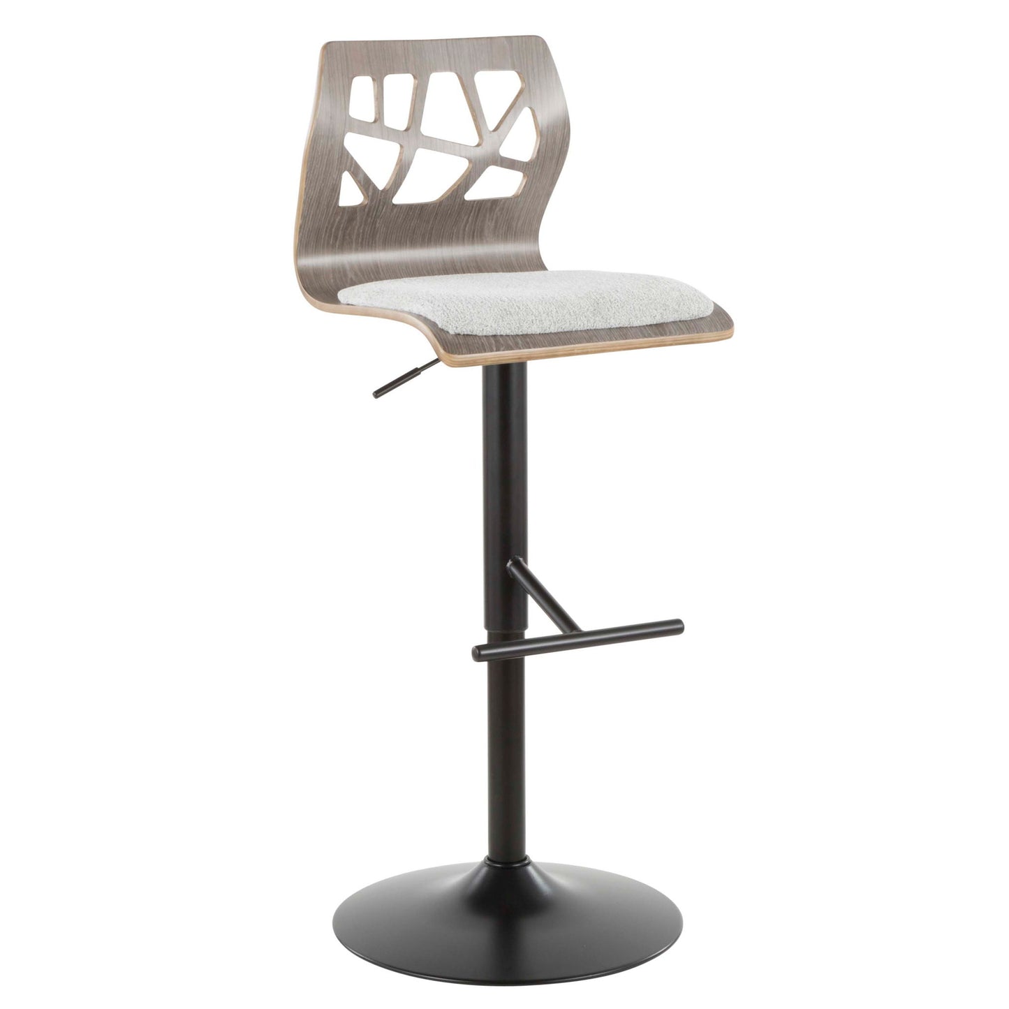 The Folia Mid Century Modern Adjustable Barstool set features a black metal base, straight T footrest, swivel function, light gray cushioned curved seat, and a wooden backrest with an abstract cutout design. Set of 3.