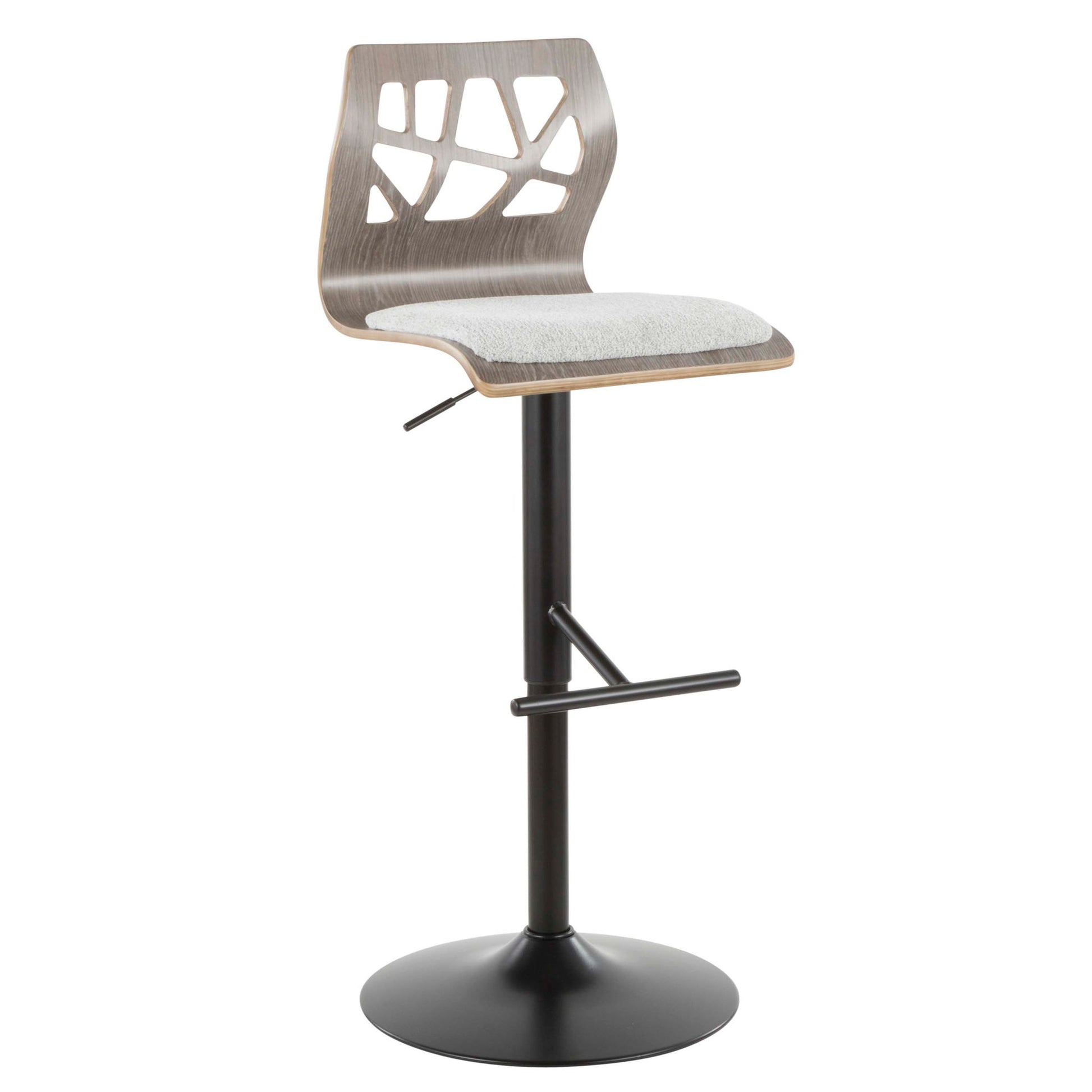 The Folia Mid Century Modern Adjustable Barstool set features a black metal base, straight T footrest, swivel function, light gray cushioned curved seat, and a wooden backrest with an abstract cutout design. Set of 3.