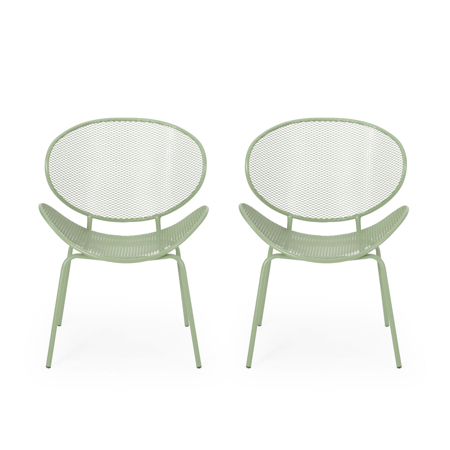 Two Elba Contemporary light green metal chairs with round mesh backs and seats are placed side by side against a white background, ideal for outdoor relaxation.
