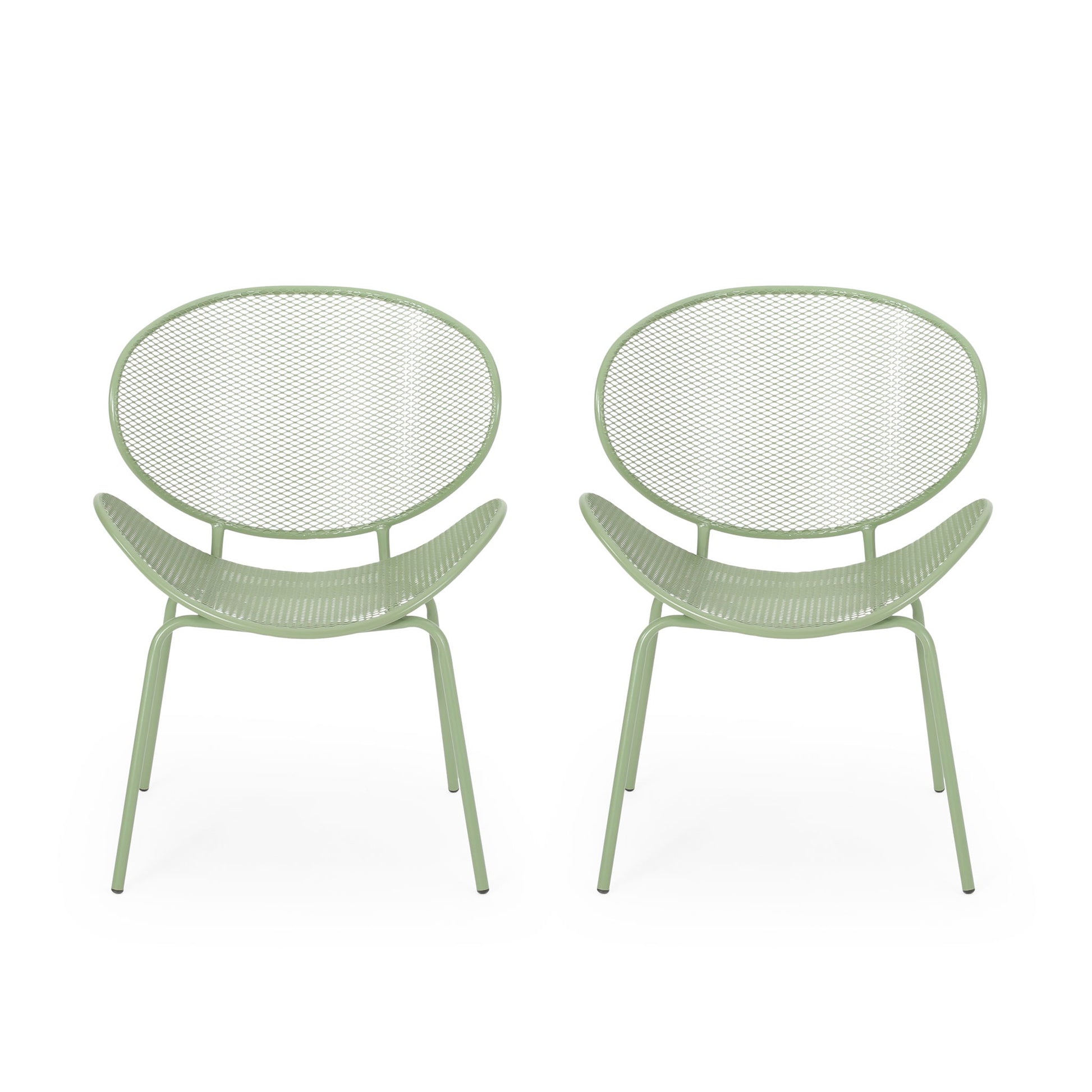 Two Elba Contemporary light green metal chairs with round mesh backs and seats are placed side by side against a white background, ideal for outdoor relaxation.