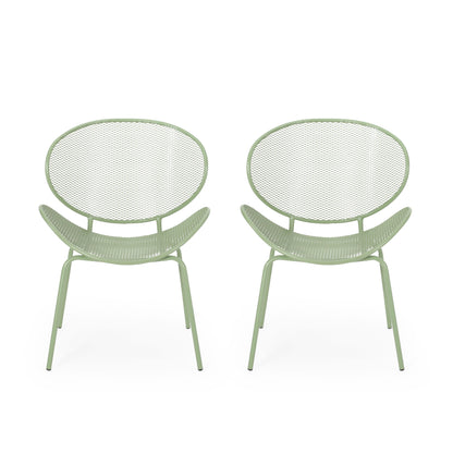 Two Elba Contemporary light green metal chairs with round mesh backs and seats are placed side by side against a white background, ideal for outdoor relaxation.