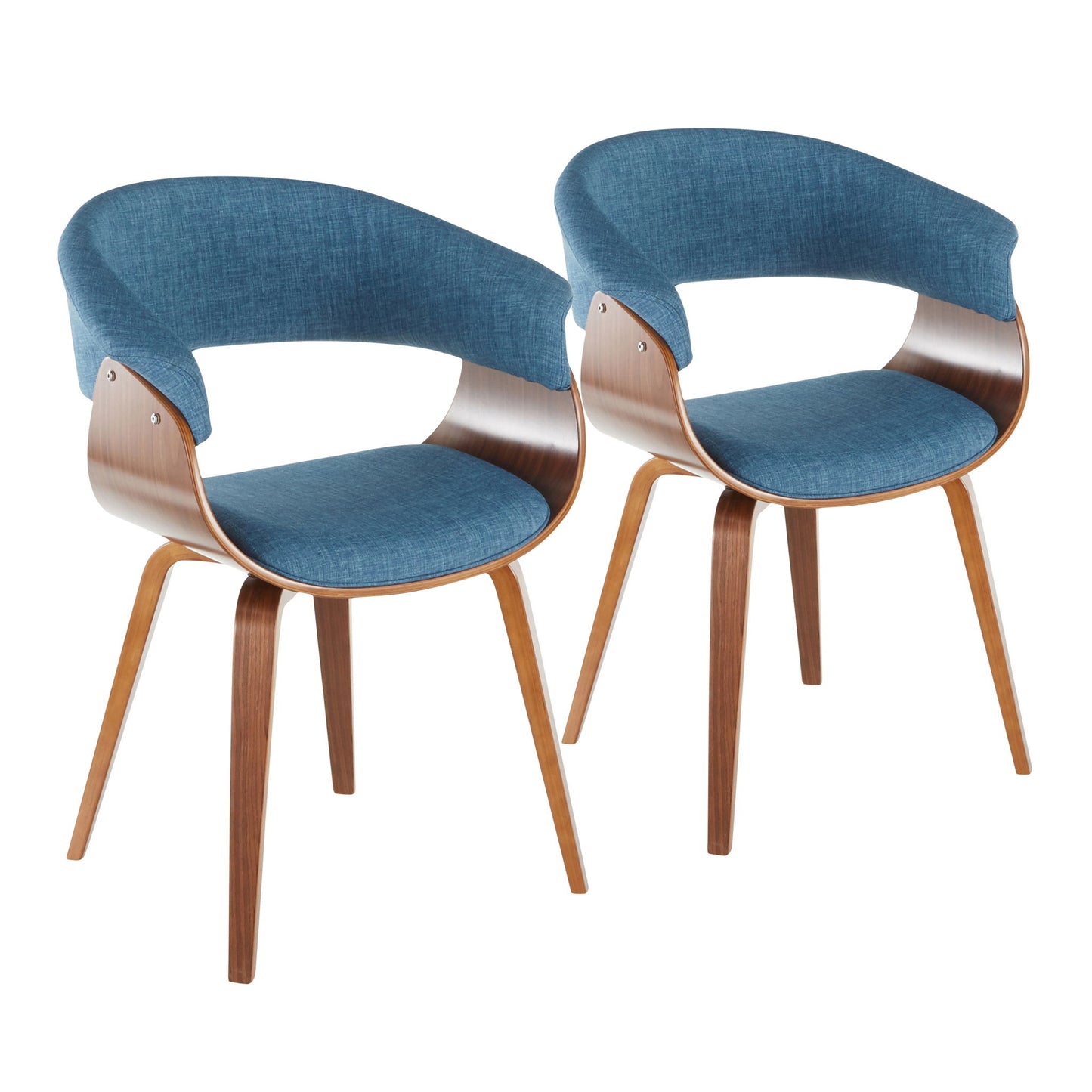 The Vintage Mod - Mid Century Modern Dining Chair (Set of 2) features curved wooden frames, angled legs, and blue upholstered seats and backrests with open sides for a classic mid-century look.
